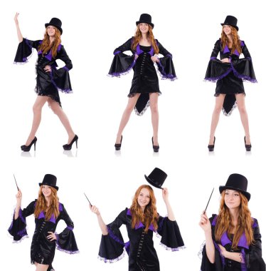 Güzel kız mor karnaval giyim ve üzerinde beyaz izole şapka