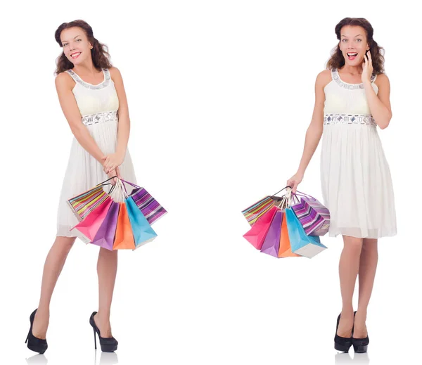 Conjunto de mujer con bolsas de compras en blanco — Foto de Stock