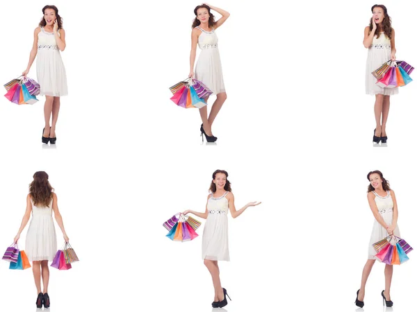 Set di donna con shopping bags su bianco — Foto Stock