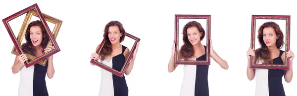 Woman with picture frame on white — Stock Photo, Image