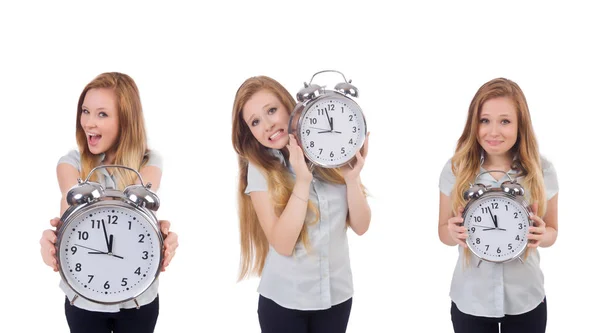 Young woman with clock on white — Stock Photo, Image