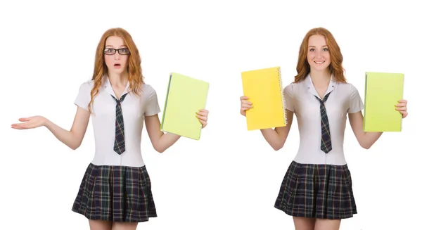 Junge Studentin zeigt vereinzelt auf weiß — Stockfoto