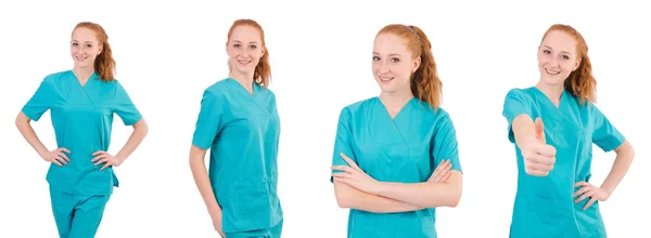 Mujer-médico en uniforme pulgar hacia arriba aislado en blanco —  Fotos de Stock