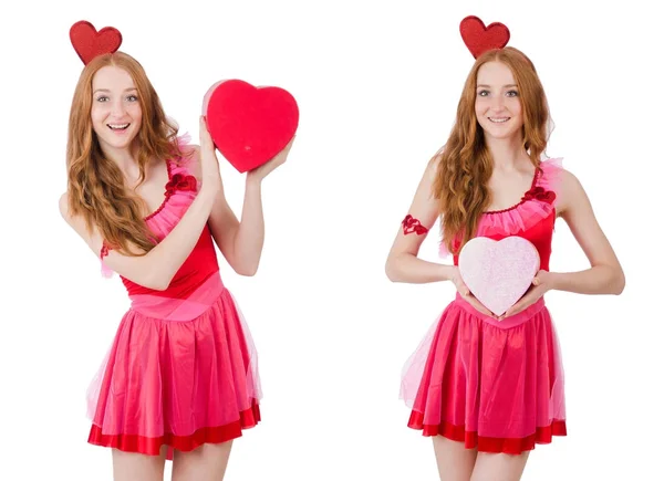 Hezká mladá model v Růžové mini šaty drží krabičky, samostatný — Stock fotografie