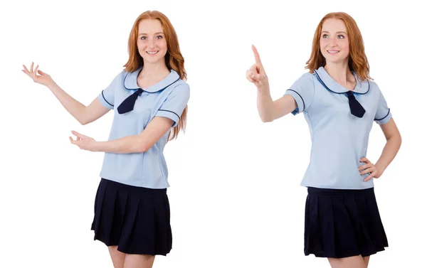 Ung student kvinna pekar isolerade på vit — Stockfoto