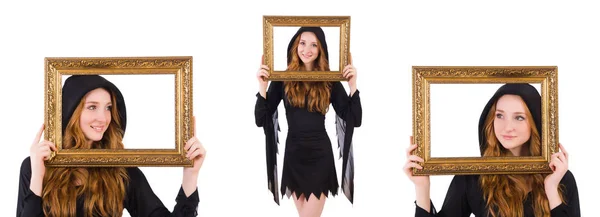 Roztomilá čarodějnice s rámeček obrázku izolované na bílém — Stock fotografie