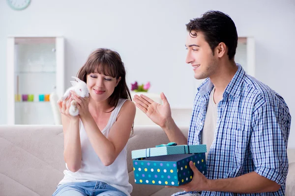 Giovane donna ottenere animale domestico coniglio come regalo di compleanno — Foto Stock