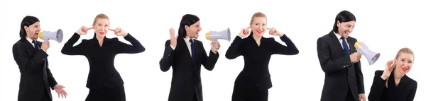 Homme d'affaires et femme d'affaires avec mégaphone isolé sur blanc — Photo