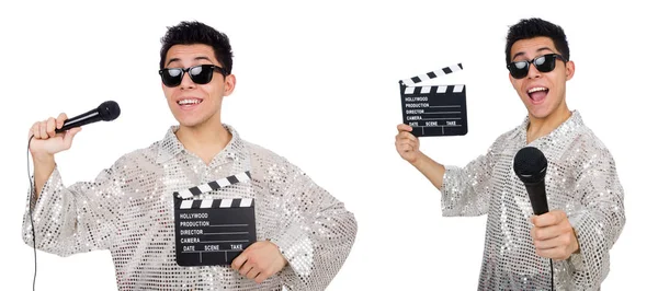 Young man with microphone and clapperboard isolated on white — Stock Photo, Image