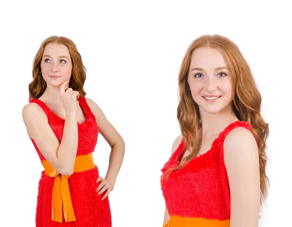 Pretty młoda dziewczyna w czerwonej sukience izolowane na białym — Zdjęcie stockowe