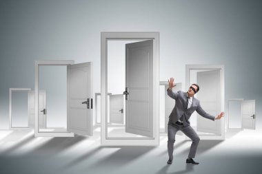 Kapıların önünde kafası karışmış bir iş adamı.