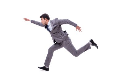 Genç işadamı ileri izole üzerinde beyaz çalıştıran