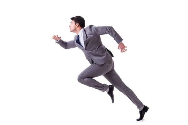 Young businessman running forward isolated on white — Stock Photo, Image