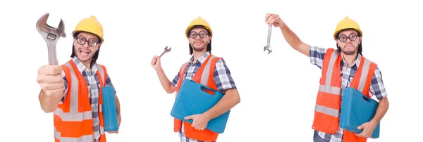 Engraçado jovem trabalhador da construção com caixa de ferramentas e chave isolada — Fotografia de Stock
