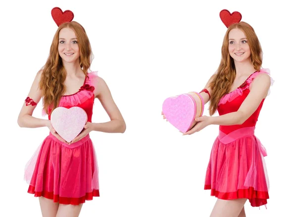 Hübsches junges Modell im rosa Mini-Kleid mit Geschenkschachtel — Stockfoto