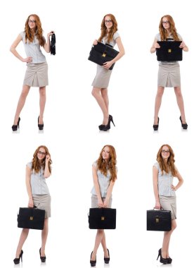 Genç ve güzel çalışan beyaz izole evrak çantası ile