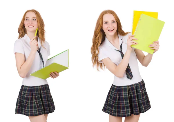 Joven estudiante hembra con libros de texto aislados en blanco — Foto de Stock