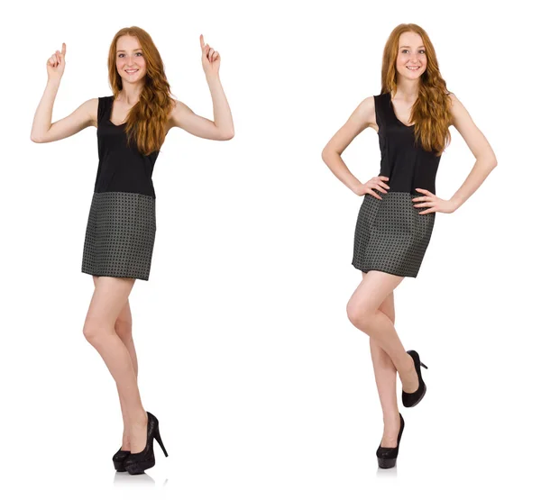 Red hair girl in gray dress isolated on white — Stock Photo, Image