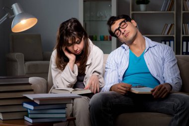 İki öğrenci geç saatlere kadar çalışıp sınavlara hazırlanıyor.