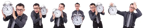 Divertido hombre de negocios con reloj aislado en blanco —  Fotos de Stock