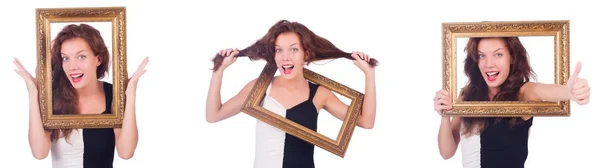 Žena s obrázkovým rámem na bílém — Stock fotografie