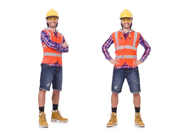 Jeune ouvrier de la construction en casque et slip isolé sur blanc — Photo