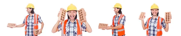 Builder with clay bricks isolated on white — Stock Photo, Image