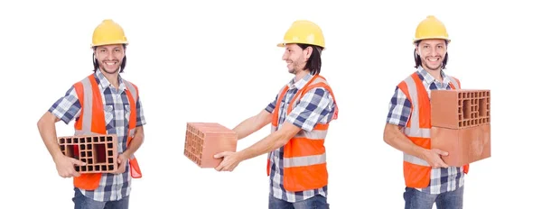 Construtor com tijolos de argila isolados em branco — Fotografia de Stock