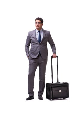 Beyaz izole iş seyahati sırasında genç adam