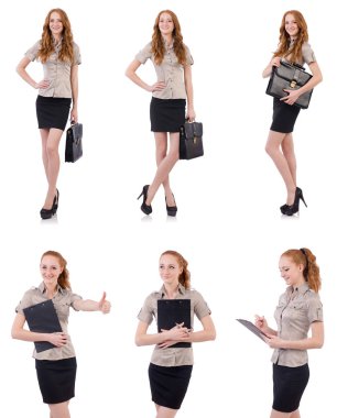 Genç ve güzel çalışan beyaz izole evrak çantası ile