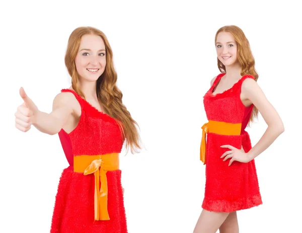 Young beautiful girl in red dress thunms up isolated on white — Stock Photo, Image