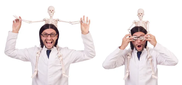 Profesor divertido con esqueleto aislado en blanco —  Fotos de Stock