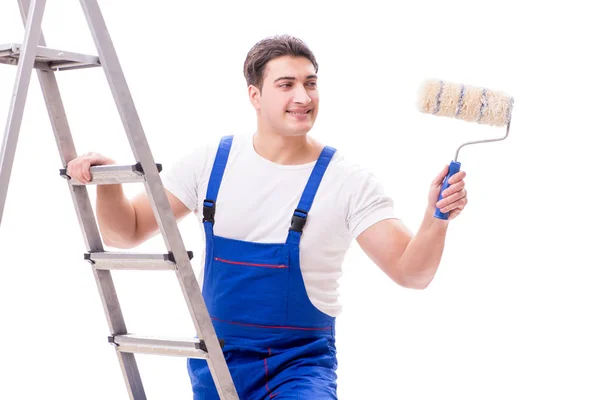Young painter man with ladder isolated on white background — Stock Photo, Image