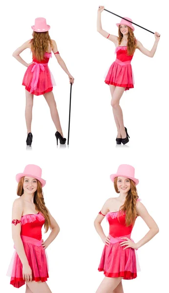 Hübsche junge Zauberin in rosa Minikleid isoliert auf weiß — Stockfoto