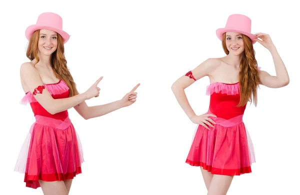 Ganska ung guiden i mini rosa klänning isolerad på vit — Stockfoto