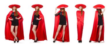 Kırmızı elbiseli Meksikalı kadın beyaz üzerine