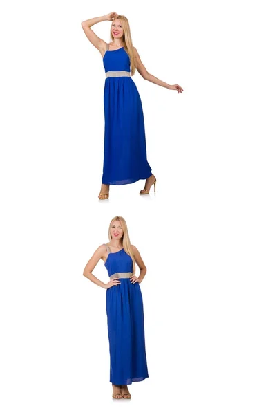 Mulher bonita em vestido azul longo isolado no branco — Fotografia de Stock