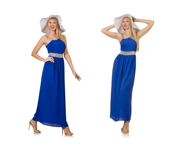 Kaunis nainen pitkä sininen mekko eristetty valkoinen — kuvapankkivalokuva