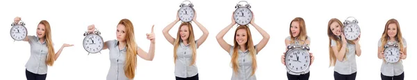 화이트에 시계와 젊은 여자 — 스톡 사진