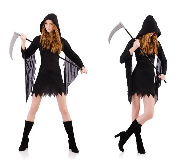 Young witch with scythe isolated on white — Stock Photo, Image