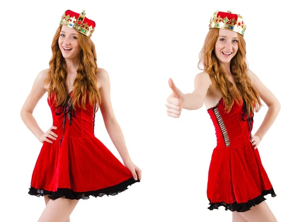 Redhead girl with crown isolated on white — Stock Photo, Image