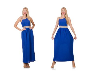 Uzun mavi elbiseli güzel kadın, beyaz tenli.