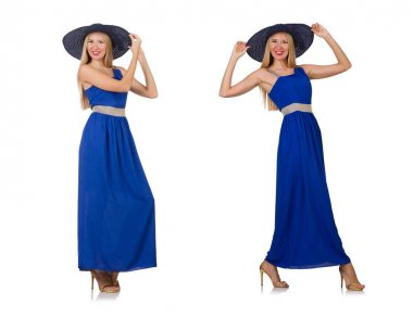 Uzun mavi elbiseli güzel kadın, beyaz tenli.