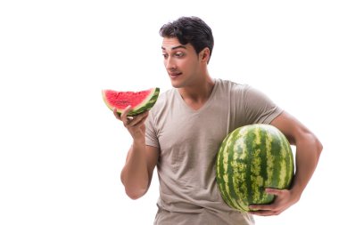 Karpuzlu genç adam beyazda izole edilmiş.