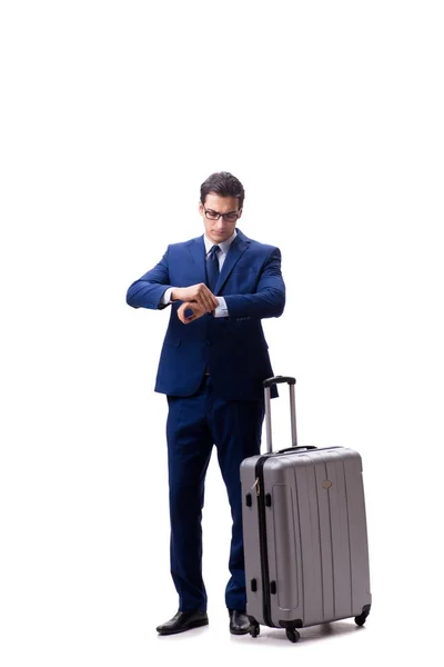 Ung affärsman med resväska isolerad på vit bakgrund — Stockfoto