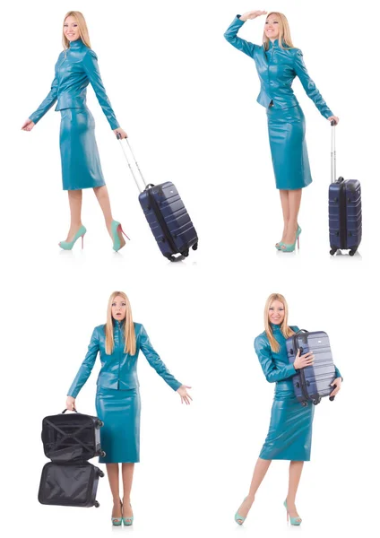 Mujer preparándose para las vacaciones con maleta en blanco — Foto de Stock