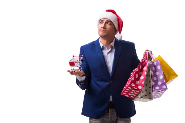 Young man with bags after christmas shopping on white background — Stock Photo, Image