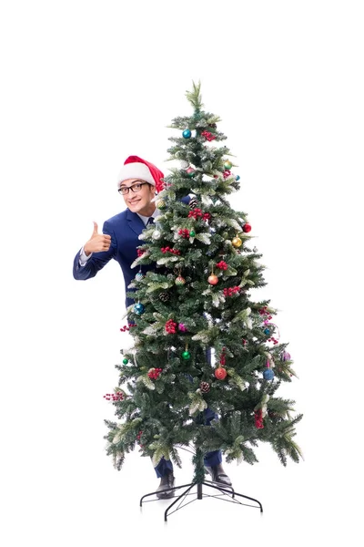 Empresario decorando árbol de navidad aislado en blanco —  Fotos de Stock