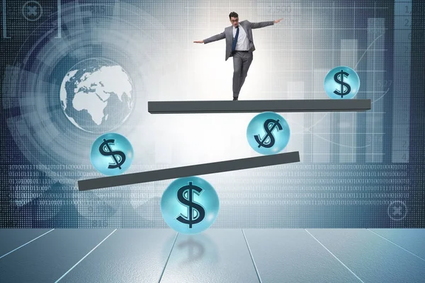 Businessman balancing in financial dollar concept — Stock Photo, Image