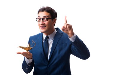 Sihirli lambası olan iş adamı beyazda izole edilmiş.